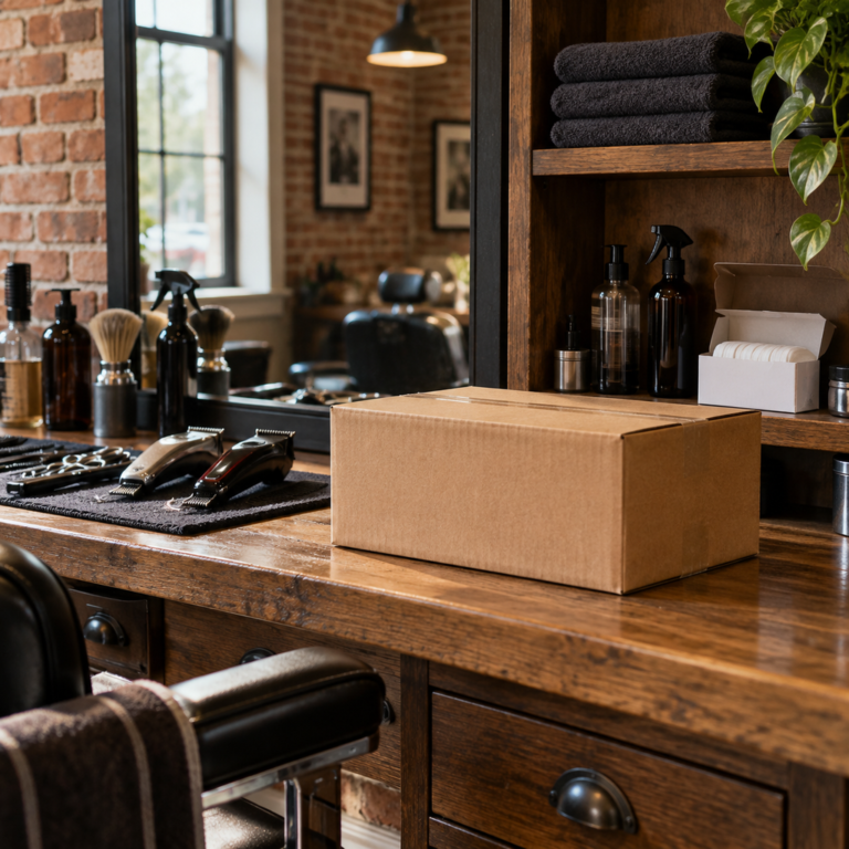 Amazon Business for Barbershops: How Owners Cut Supply Costs 2 Cardboard shipping box on a barbershop counter next to clippers, scissors and grooming supplies