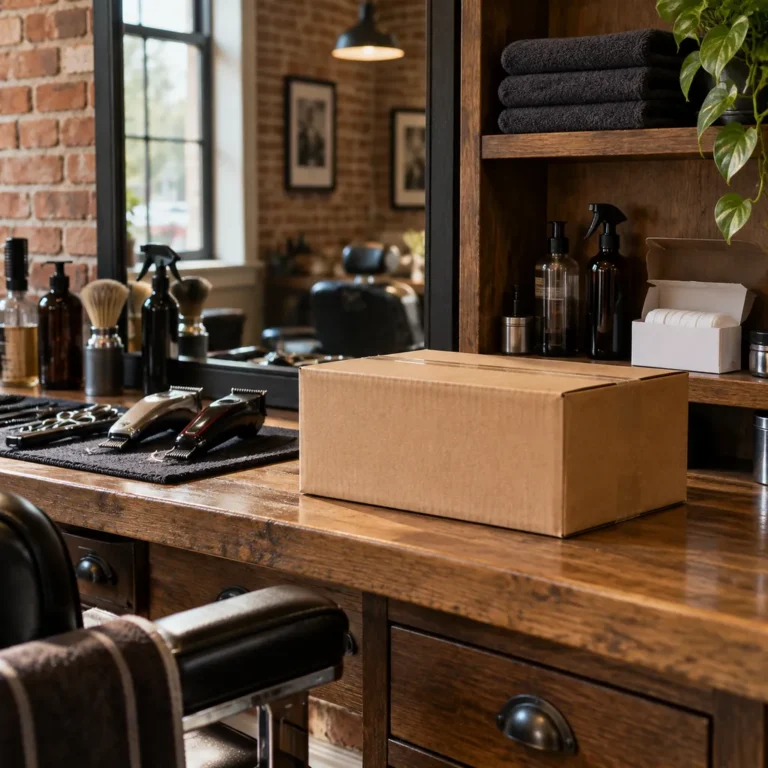 Cardboard shipping box on a barbershop counter next to clippers, scissors and grooming supplies