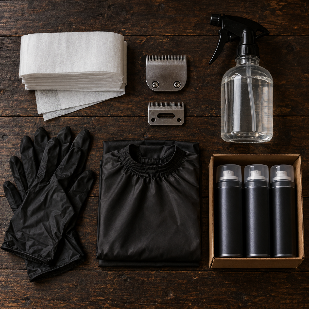 Amazon Business for Barbershops: How Owners Cut Supply Costs 2 Barbershop consumable supplies laid out on a dark wooden table: neck strips, clipper blades, disinfectant spray, gloves, a cape, and shaving gel