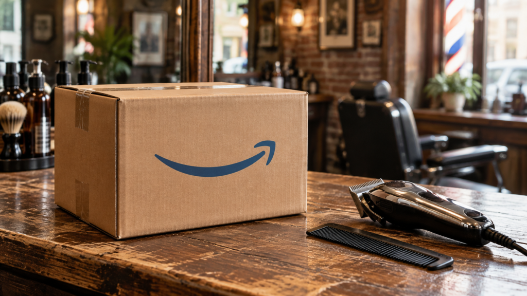 Is Amazon Prime Worth It for Barbers? A Supply-Order Checklist 1 Amazon Prime for barbers: an illustrated delivery concept with a shipping box and hair clippers on a barber counter
