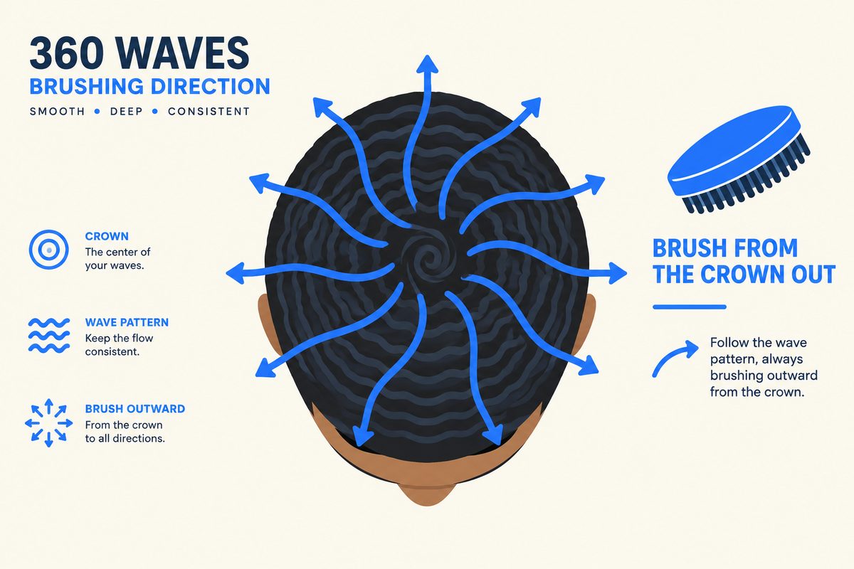360 waves brushing directions diagram showing the top, sides and back angles