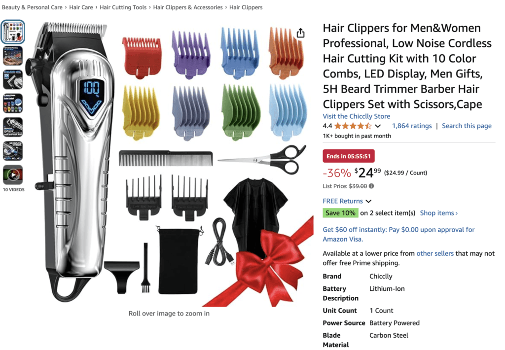 Hair clippers low noise cordless
