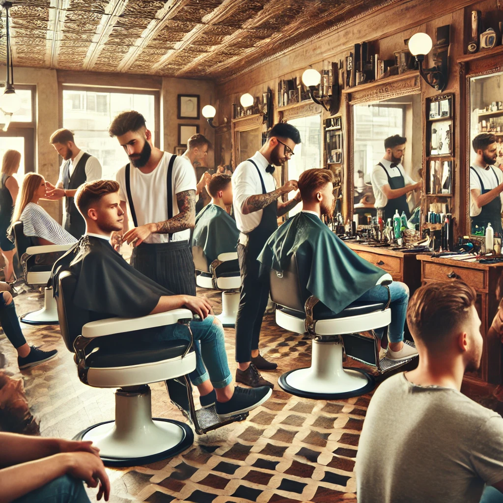 Barber School Near Me: How to Choose the Best Path to Becoming a Professional Barber 2 A busy barbershop with barbers cutting hair and chatting with customers.