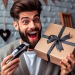 a man holding a gift box and a trimmer from amazon