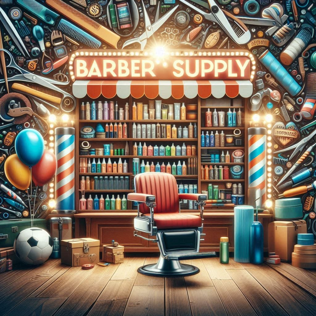 a barber supply shop with a chair and a store full of products