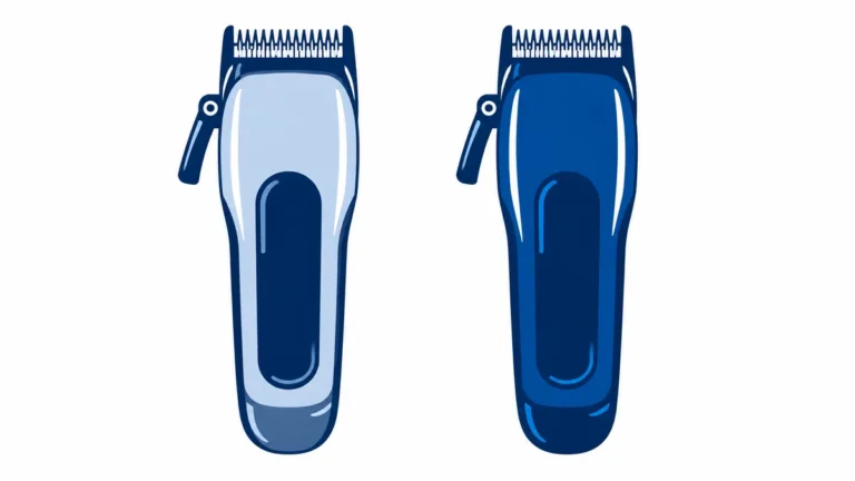 Blue illustration of two unbranded adjustable-blade clippers with side taper levers.