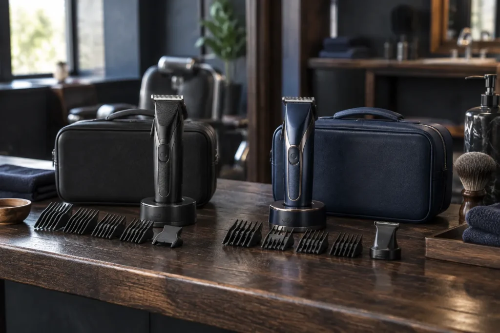 Two cordless grooming trimmer kits with comb attachments and travel cases on a wood counter