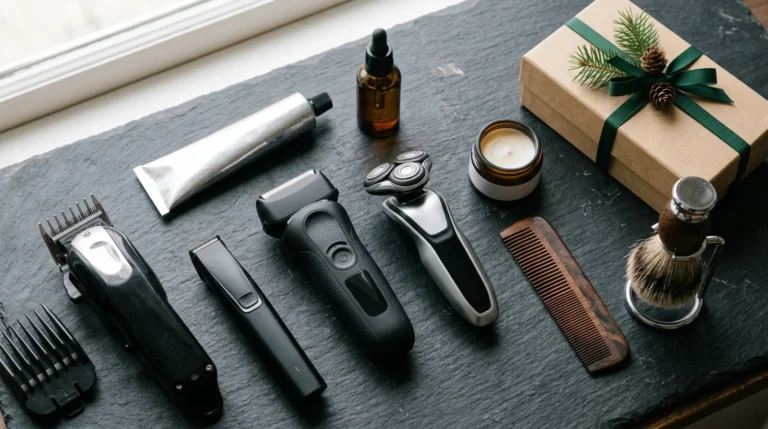 Amazon Holiday Beauty Event Men's Grooming Deals 2026: 12 Barber Picks 4 Unbranded men's grooming gear on a slate barbershop counter: foil and rotary shavers, cordless clipper, beard trimmer, shave cream, shave oil, styling cream and a wrapped gift box