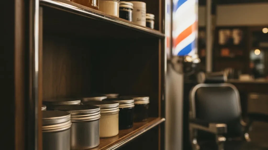 Shelves of men's hair styling tins and jars in a barbershop beside a barber pole