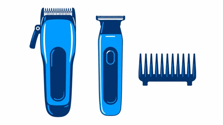 Blue illustration of an unbranded lever clipper, T-blade trimmer and attachment comb.