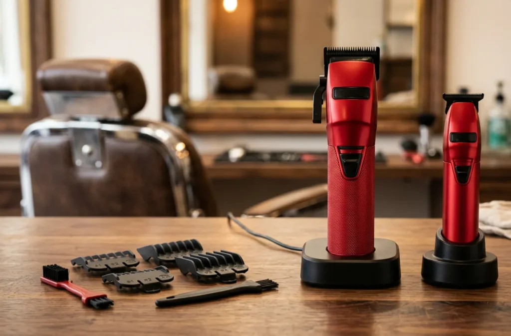 Andis Talon Review 2026: Is the 9,000 SPM Clipper Worth It? 1 Red cordless professional hair clipper and matching trimmer on charging stands on a wooden barber station with guards and a brush