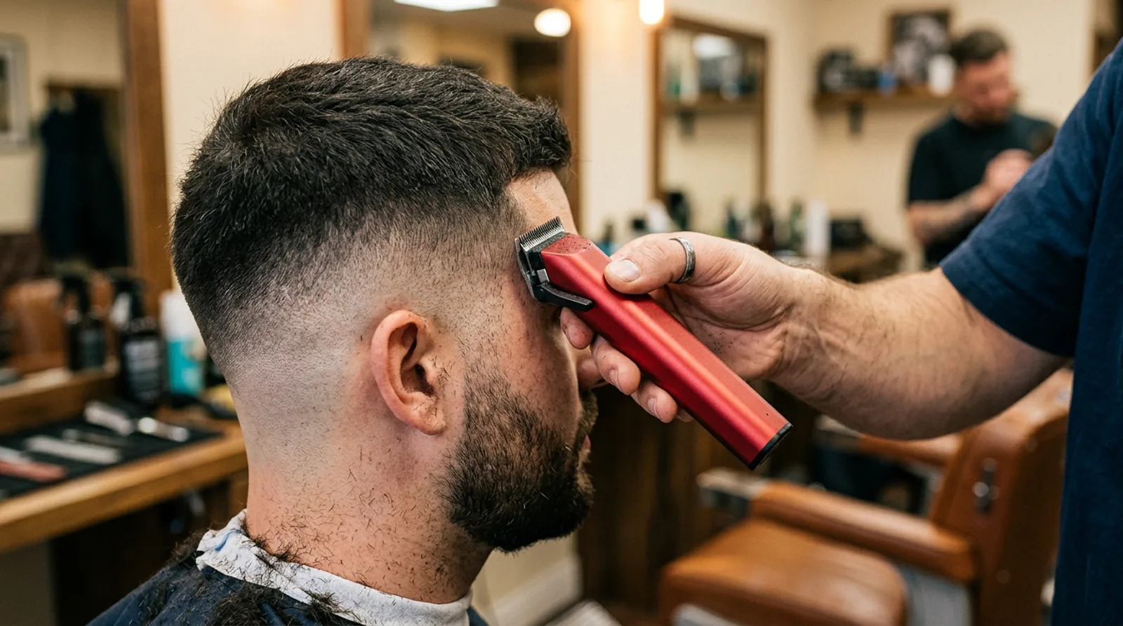 Andis Talon Review 2026: Is the 9,000 SPM Clipper Worth It? 2 Barber blending a skin fade with a slim red cordless hair clipper in a warmly lit barbershop