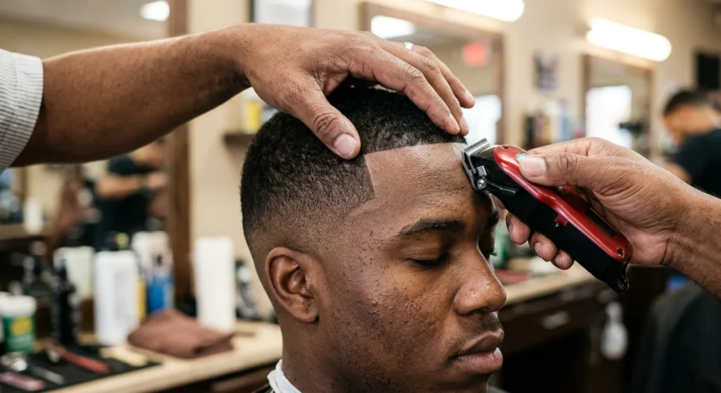 Barber using a cordless trimmer to sharpen a forehead lineup on a fresh fade haircut