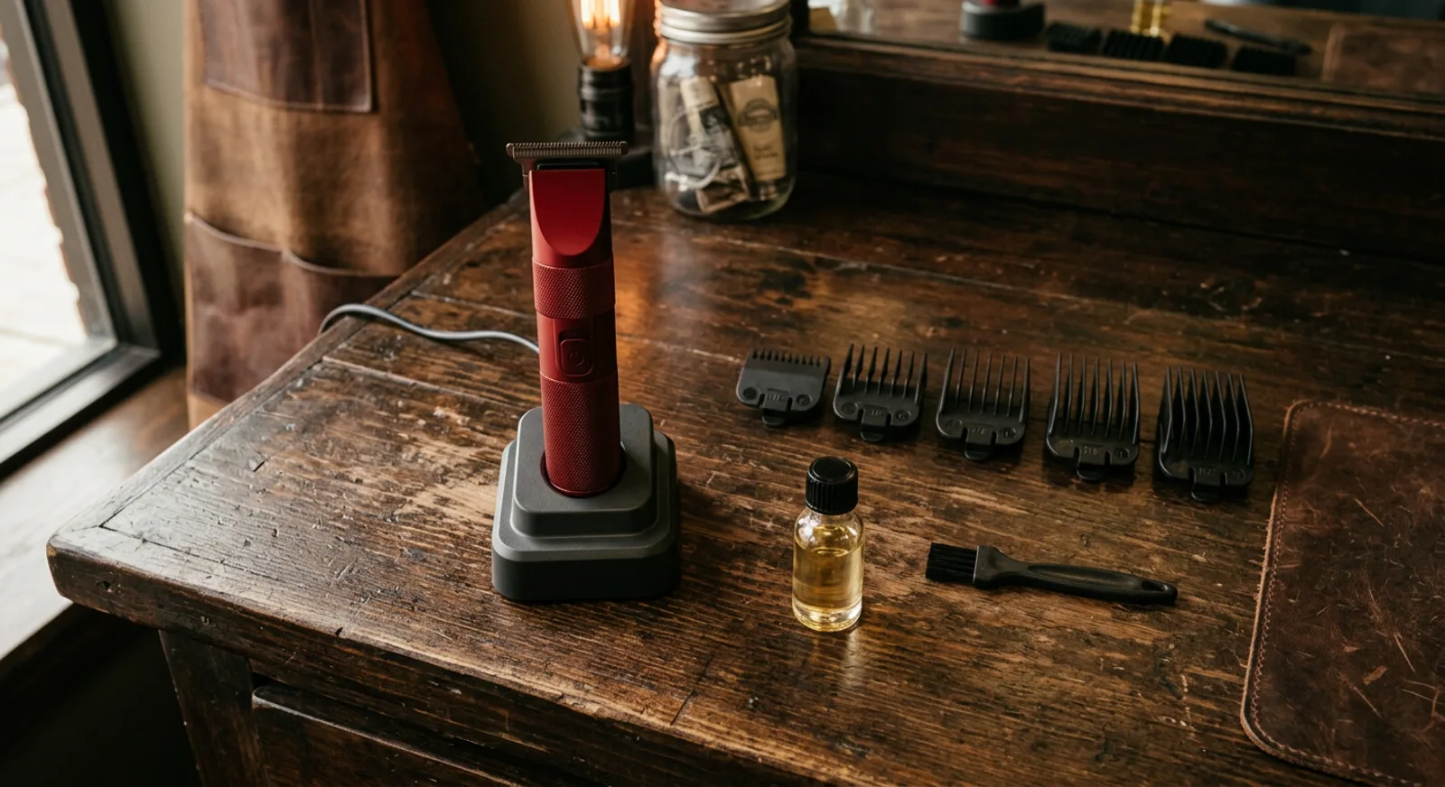 Andis Talon style red cordless trimmer on a charging stand with comb attachments, oil and brush on a barbershop counter