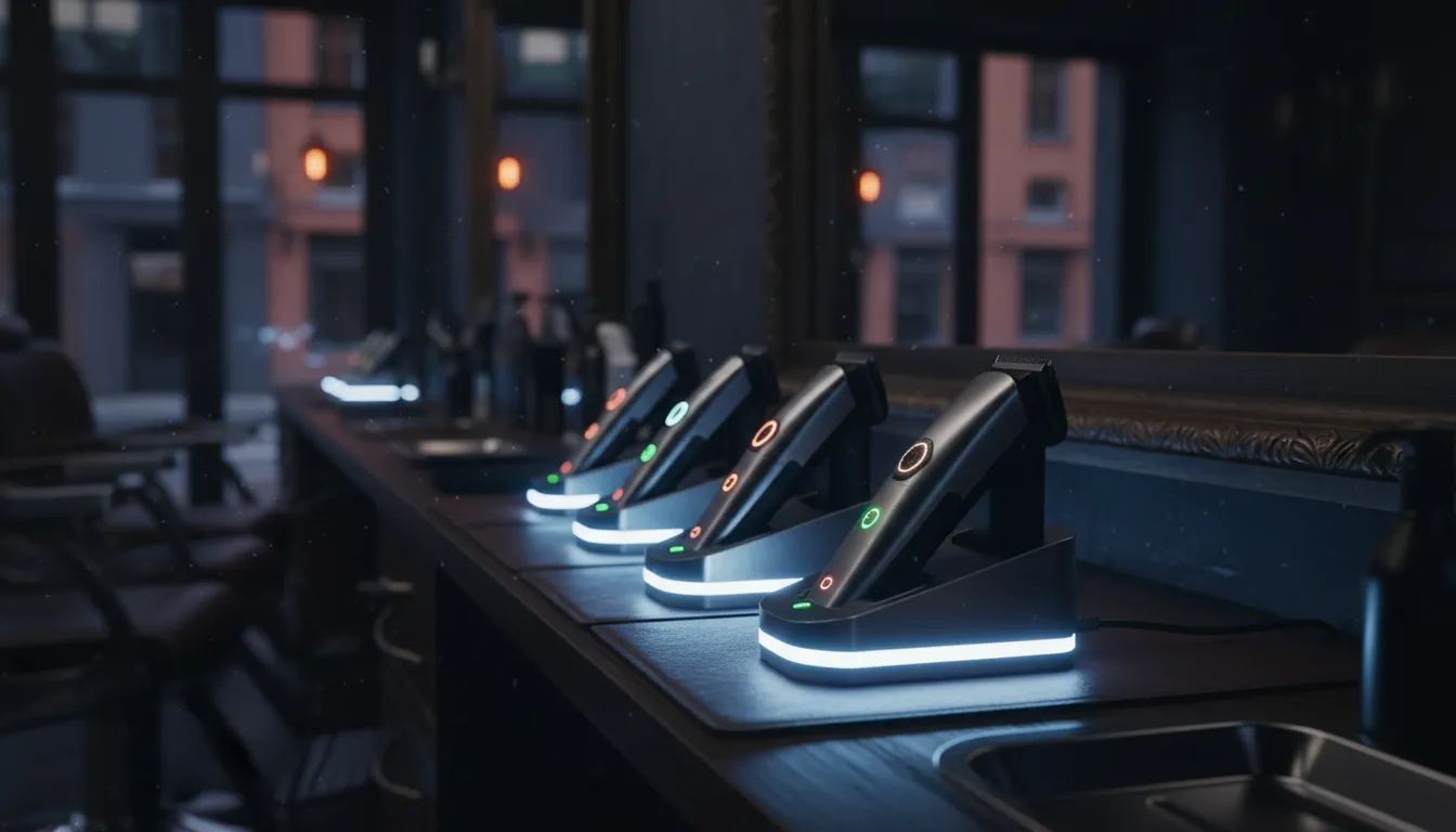 Cordless Clipper Battery Life: What 6 Hours Really Means 2 Cordless clippers charging on illuminated LED docks overnight