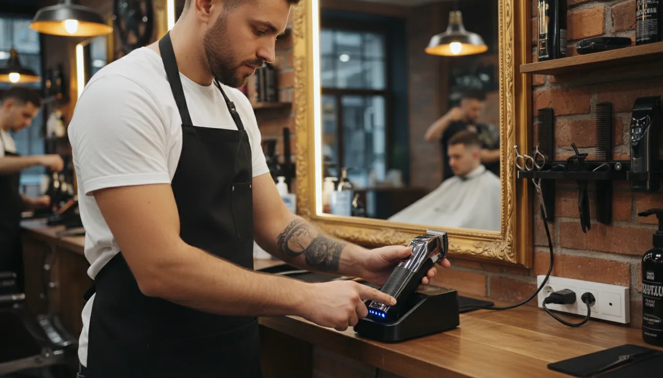 Cordless Clipper Battery Life: What 6 Hours Really Means 3 Barber checking the LED battery indicator on a clipper in its charging stand
