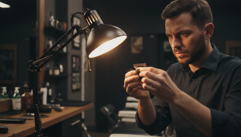 Why Your Clippers Pull Hair (and How to Fix It) 1 Barber inspecting a clipper blade under a desk lamp while troubleshooting pulling