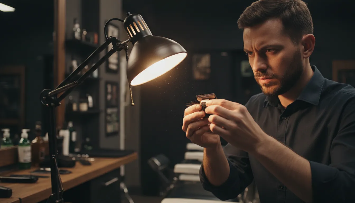 Barber inspecting a clipper blade under a desk lamp while troubleshooting pulling