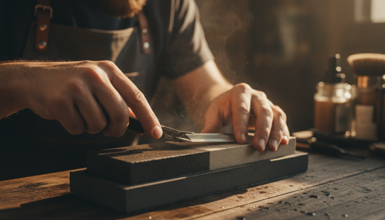 How to Sharpen Clipper and Trimmer Blades at Home 16 Sharpening a trimmer blade on a dual grit whetstone