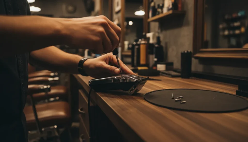 How to Zero Gap Clippers and Trimmers (Without Cutting Anyone) 1 Barber zero gapping a hair clipper with a screwdriver at a barbershop station