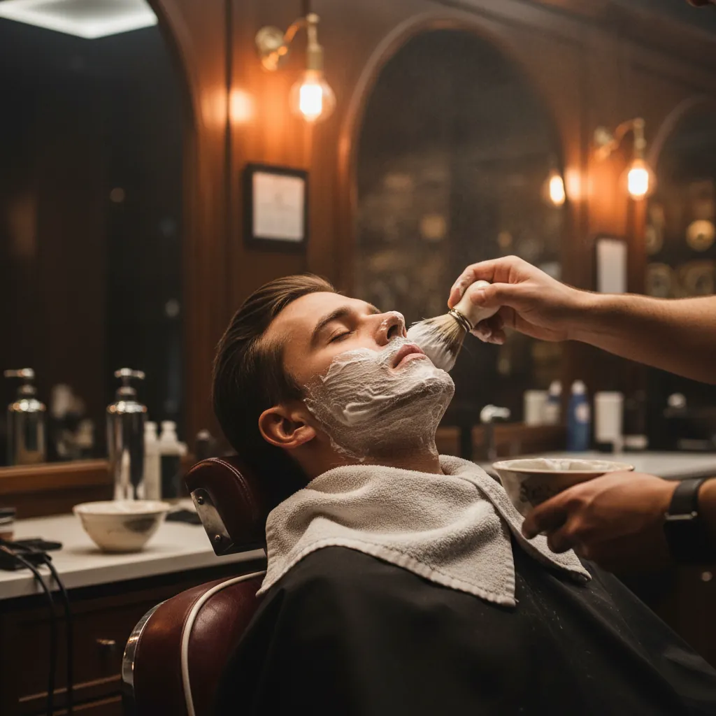 Pre-Shave and Post-Shave Routine: What Barbers Run Before and After the Razor 1 Barber applying hot lather with a brush before a straight razor shave