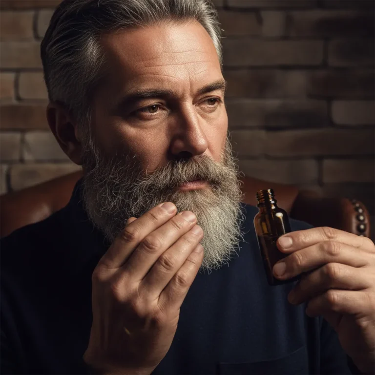 Best Beard Care Gifts Under $25 in 2026 4 Older man with a full grey beard holding a bottle of beard oil