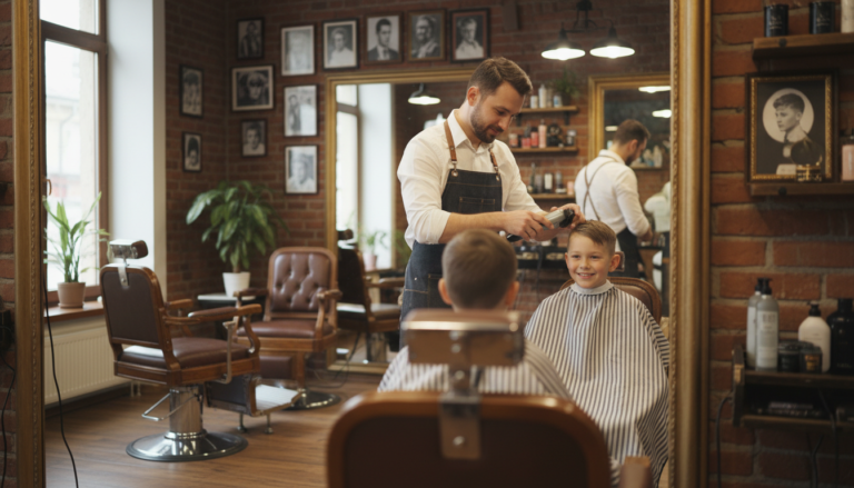 Best Hair Clippers for Kids: Quiet, Safe Picks for Home Haircuts 4 Barber giving a smiling young boy a haircut with quiet cordless clippers