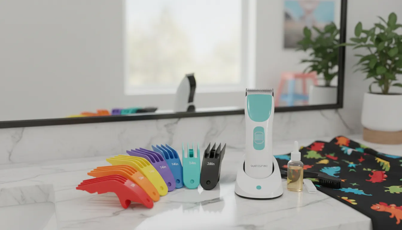 Best Hair Clippers for Kids: Quiet, Safe Home Picks 3 Color coded clipper guard combs and a quiet home hair clipper kit on a bathroom counter