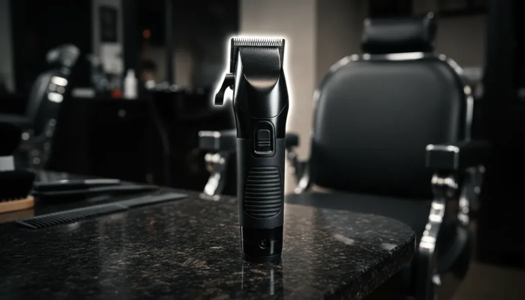 StyleCraft Saber Trimmer Review: Barbers' Lineup Pick 1 Professional T-blade trimmer standing on a dark barbershop counter