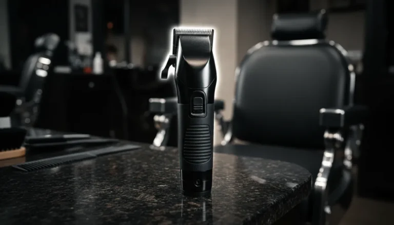 StyleCraft Saber Trimmer Review: Barbers' Lineup Pick 9 Professional T-blade trimmer standing on a dark barbershop counter