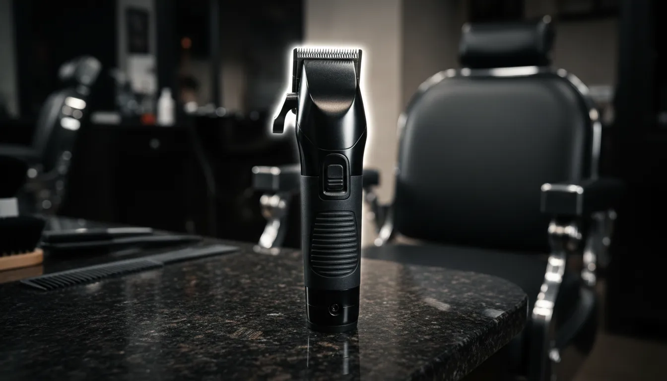 StyleCraft Saber Trimmer Review: Barbers' Lineup Pick 2 Professional T-blade trimmer standing on a dark barbershop counter