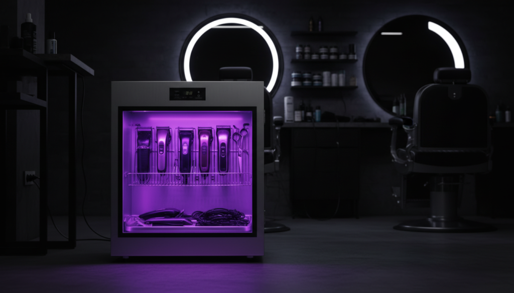 UV Sanitizer vs Barbicide: How to Disinfect Barber Tools the Right Way 1 UV sanitizer cabinet glowing violet with barber tools inside