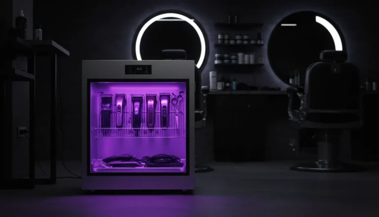 UV sanitizer cabinet glowing violet with barber tools inside