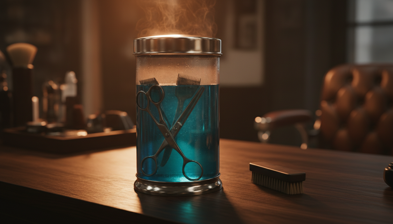 UV Sanitizer vs Barbicide: How to Disinfect Barber Tools the Right Way 3 Barbicide jar with shears and clipper blades submerged in blue disinfectant