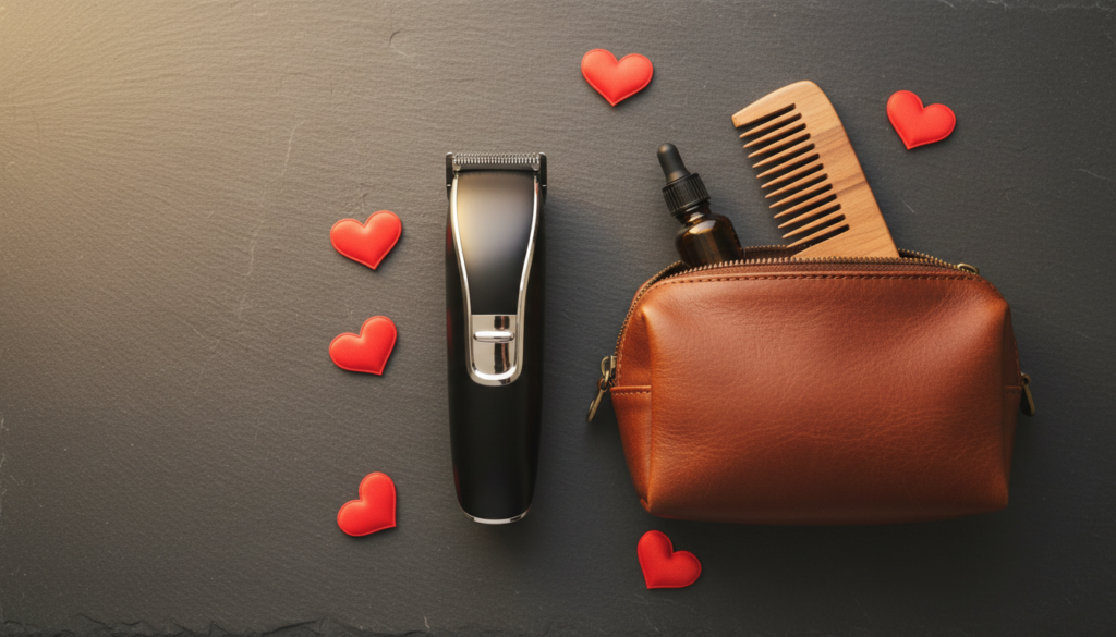 Valentine's Day flat lay of men's grooming gifts with trimmer and leather kit