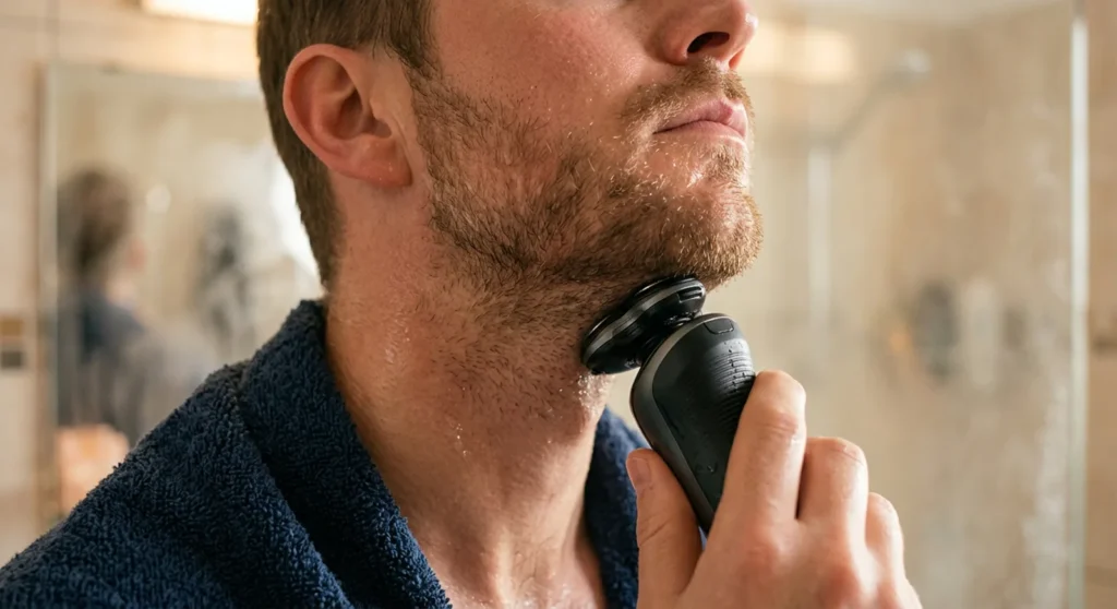 Braun Series 9 PRO+ vs Philips Norelco i9000 2026: Which Premium Shaver Wins? 2 Man shaving his jawline with a black rotary electric shaver in a steamy bathroom