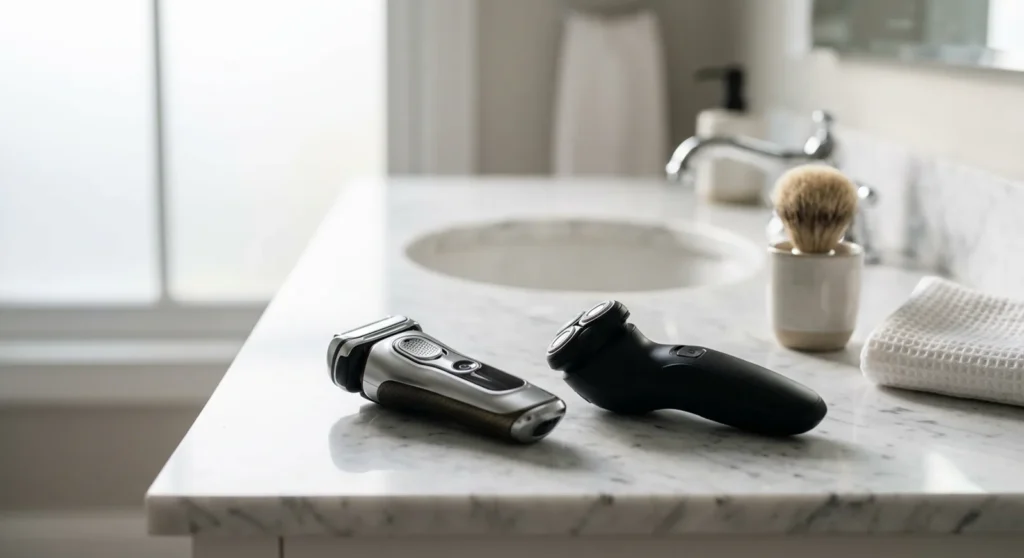 Braun Series 9 PRO+ vs Philips Norelco i9000 2026: Which Premium Shaver Wins? 1 Silver foil shaver and black rotary shaver side by side on a marble bathroom counter