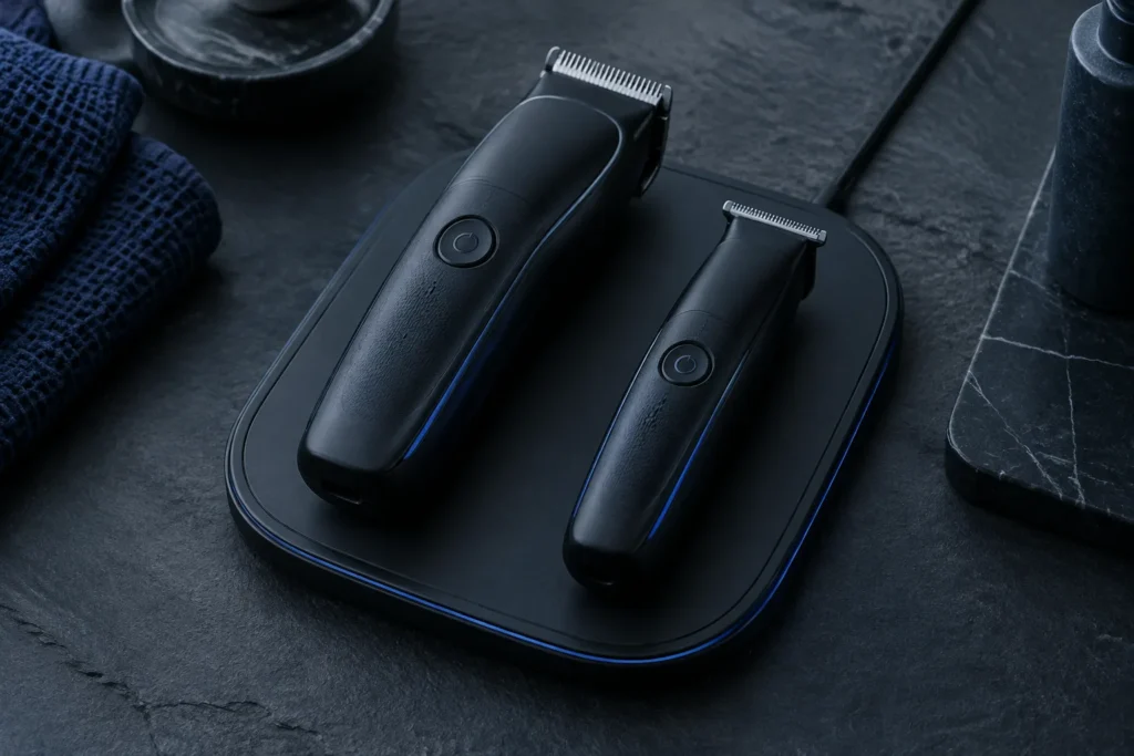 BaBylissPRO x Tomb45 FXT45 Clipper and Trimmer Explained 1 Generic cordless clipper and trimmer resting on a wireless charging mat on dark slate