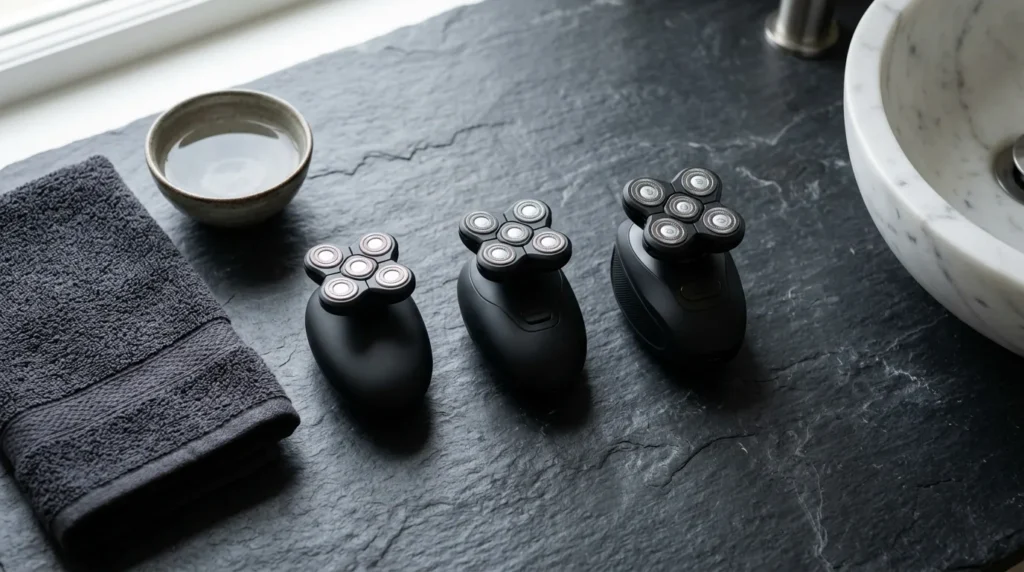 Three palm-held black rotary head shavers on a dark slate bathroom counter beside a towel and water bowl