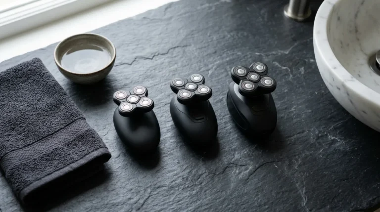 Remington Balder Boss vs Balder Pro 2026: Which Head Shaver Wins? 5 Three palm-held black rotary head shavers on a dark slate bathroom counter beside a towel and water bowl