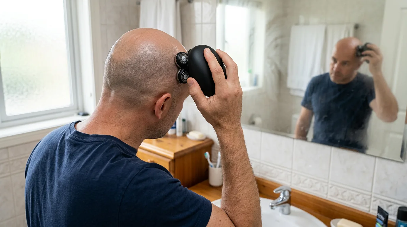Bald man using a palm-held rotary head shaver on his crown in front of a bathroom mirror