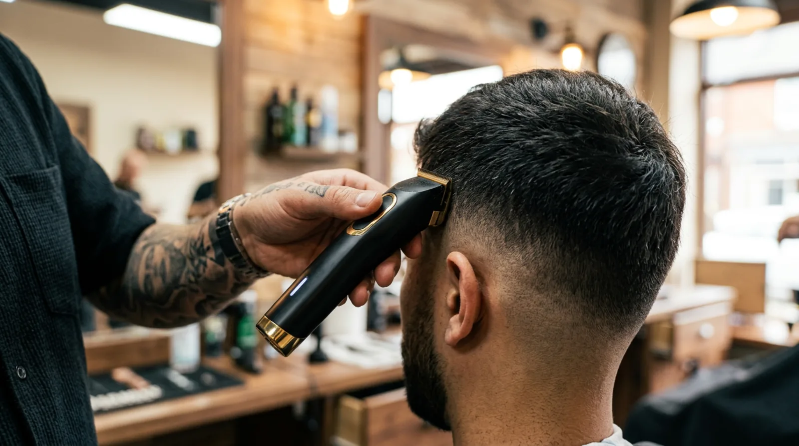 Barber blending a low skin fade with a cordless clipper