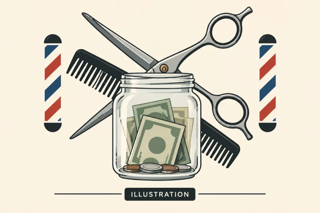 Illustration of a glass tip jar with dollar bills and coins, crossed barber shears and a comb behind it, two barber poles at the sides