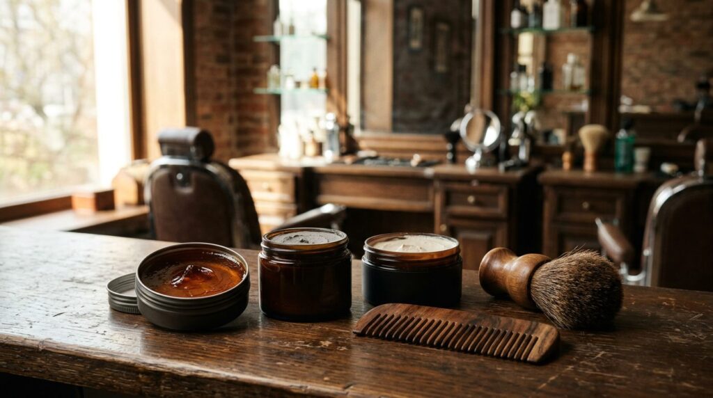 Pomade, clay and paste tins on a barbershop counter with a wooden comb