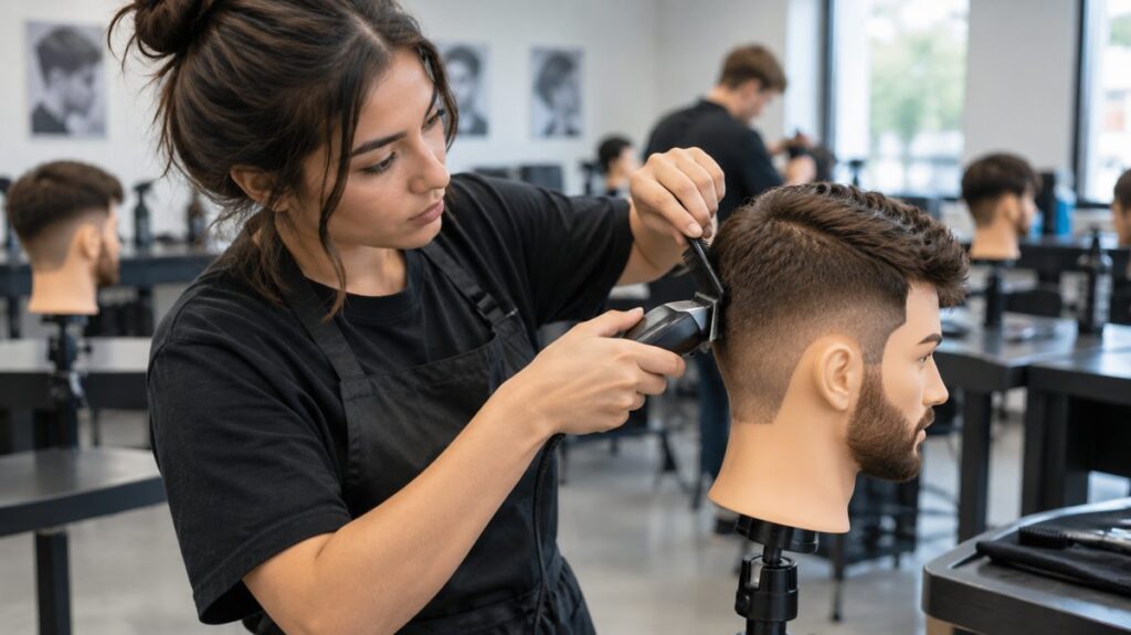 Best Clippers for Barber School and New Barbers (2026) 1 Student barber using a clipper and comb on a mannequin head in a classroom