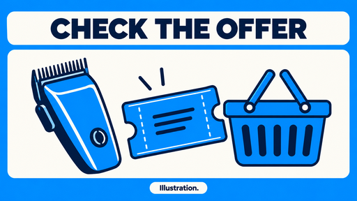 Illustration of a generic clipper, coupon ticket and shopping basket under Check the Offer.