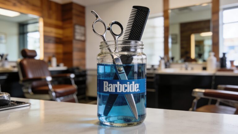 AI Generated Barbicide Image with combs and shears in a jar of blue Barbicide