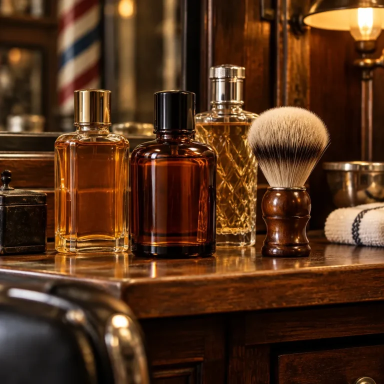 Best Aftershaves for Men: Balms, Splashes and Classics 4 Classic aftershave bottles and a shaving brush on a wooden barber station shelf