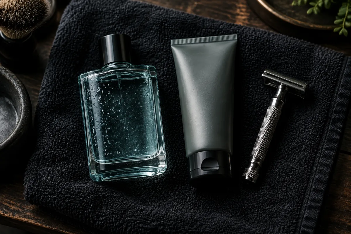 Best Aftershaves for Men: Balms, Splashes and Classics 2 Aftershave splash bottle and aftershave balm tube side by side on a dark towel with a safety razor