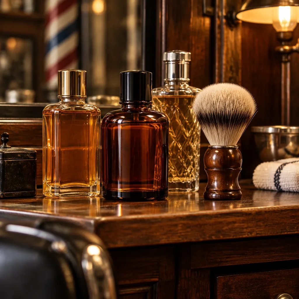 Best Aftershaves for Men: Balms, Splashes and Classics 1 Classic aftershave bottles and a shaving brush on a wooden barber station shelf